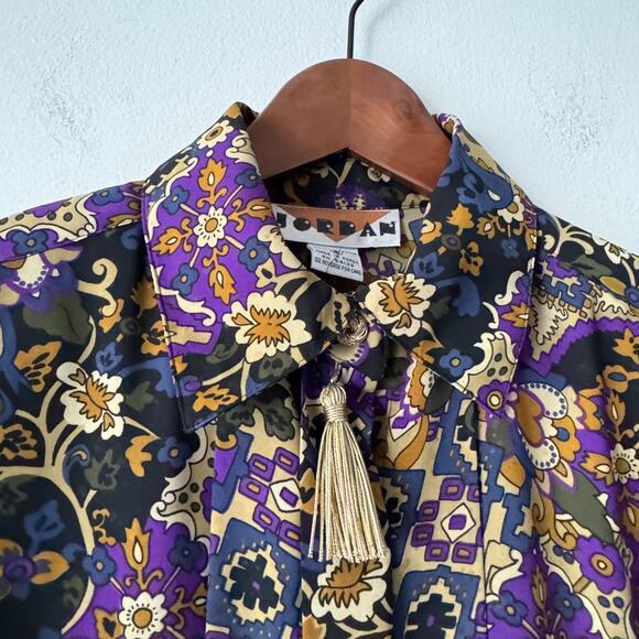 Vtg Jordan‎ Blouse Womens 6 Multicolor Button Up Tassel Retro Career Business - Picture 1 of 10